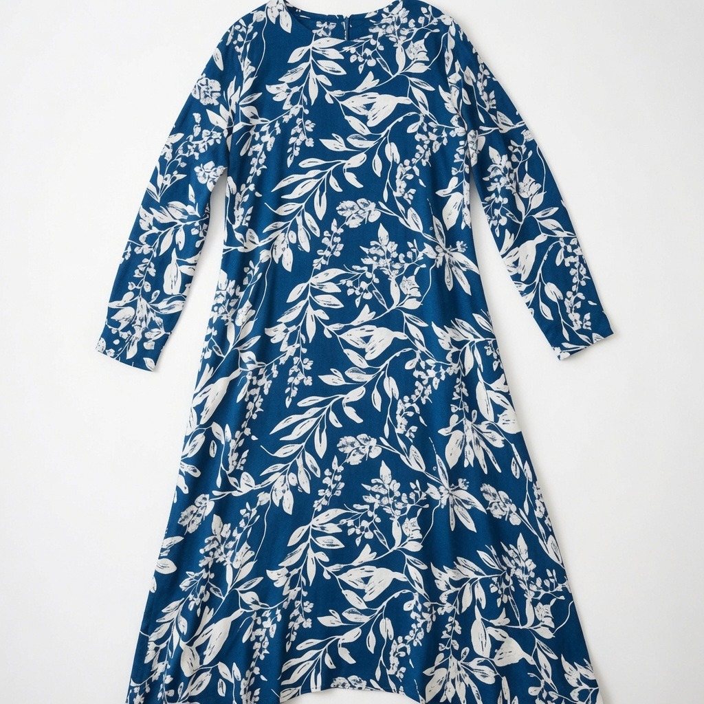 Blue Botanical Print Midi Dress