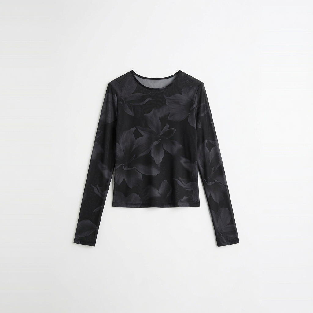 Mesh Overlay Printed Long Sleeve Top