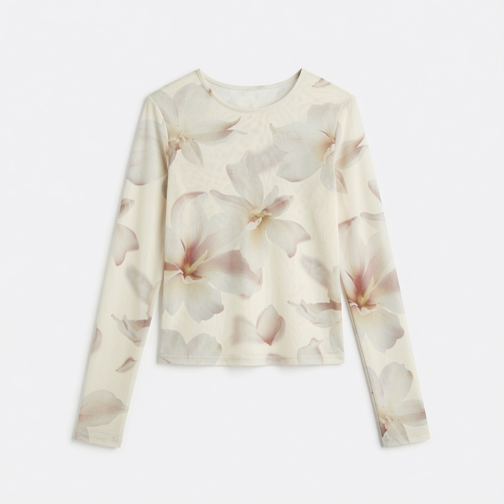 Mesh Overlay Printed Long Sleeve Top 2