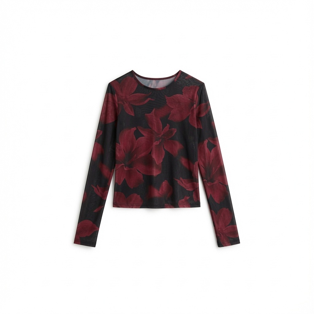 Mesh Overlay Printed Long Sleeve Top 3