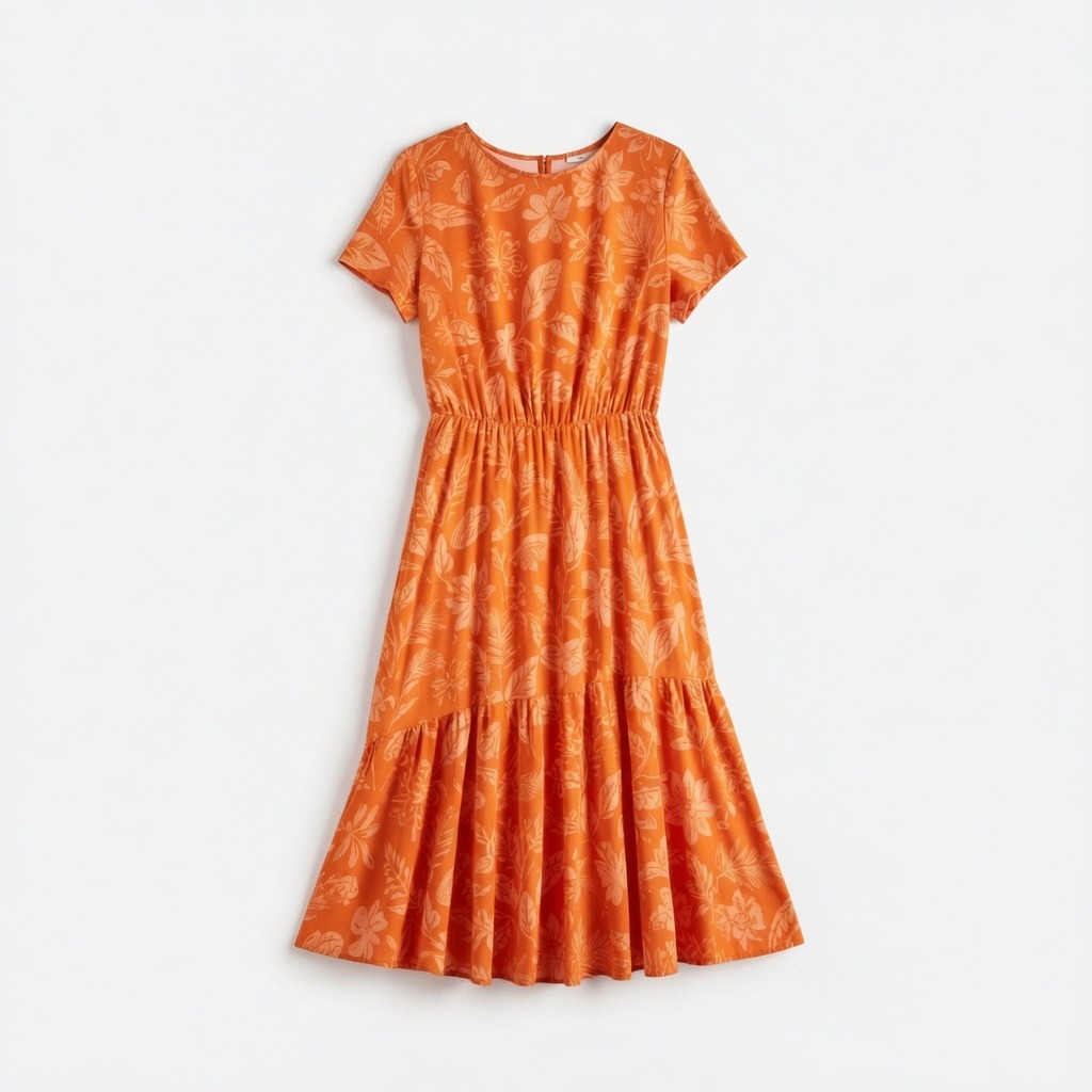 Orange Floral Flared Midi Dress