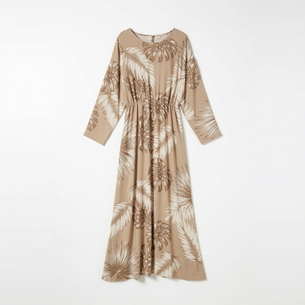 Women's Beige Tropical Floral Printed Midi Dress