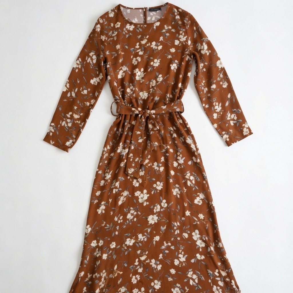 Women's Brown Floral Midi Dress with Tie Waist